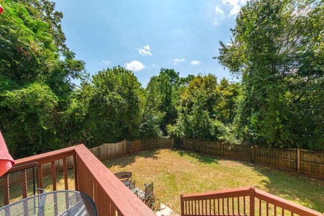 view of yard featuring a fenced backyard and outdoor dining area