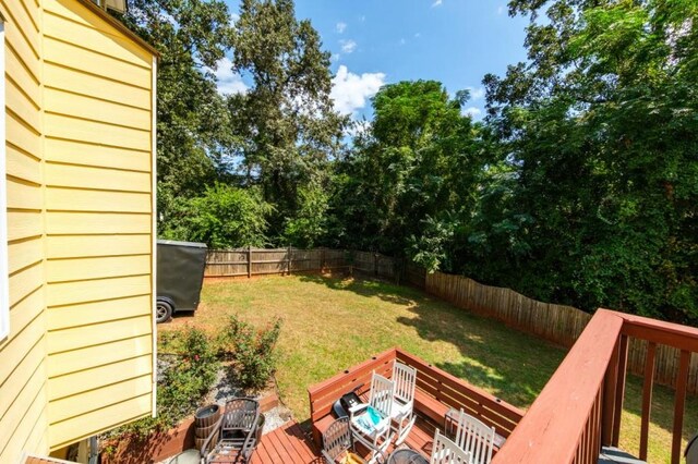 view of yard with a fenced backyard and a wooden deck