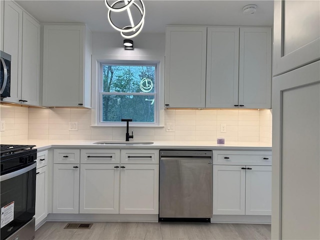 kitchen featuring white cabinetry, sink, backsplash, and appliances with stainless steel finishes