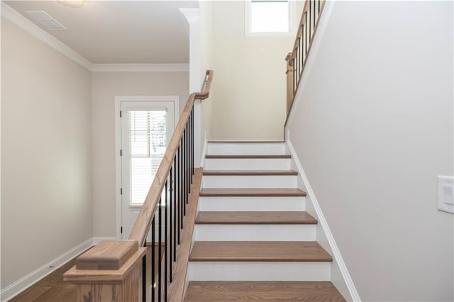 stairs with hardwood / wood-style floors and crown molding