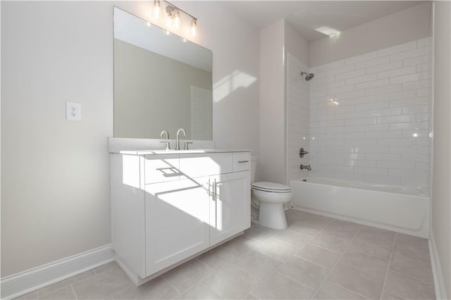 full bathroom with tiled shower / bath combo, vanity, tile patterned flooring, and toilet