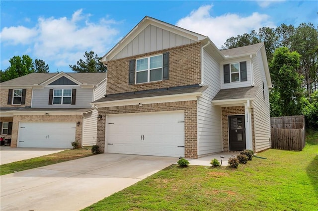 10814 Wheeler Trce, Hampton, GA 30228 - view of front of house with brick siding, an attached garage, concrete driveway, and board and batten siding