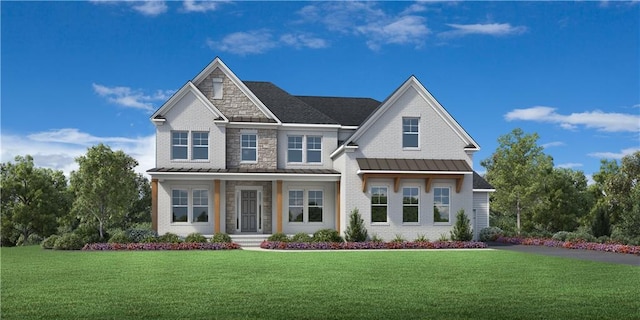 view of front of property featuring a front lawn, stone siding, metal roof, and a standing seam roof