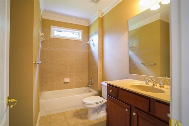 full bathroom featuring toilet, tile patterned flooring, crown molding, tiled shower / bath combo, and vanity