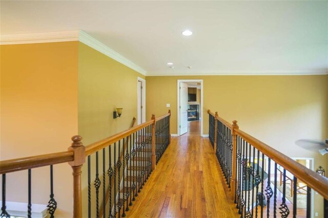 hallway featuring crown molding and light hardwood / wood-style flooring