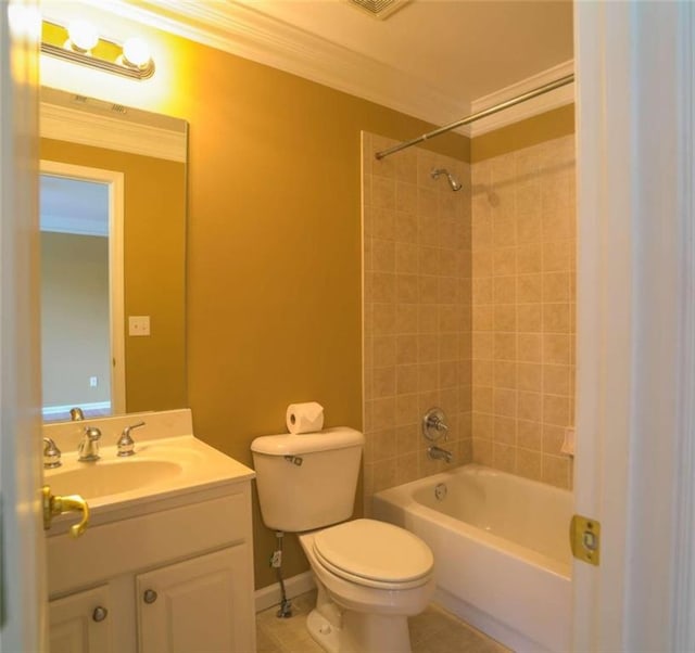 full bathroom with vanity, toilet, tiled shower / bath combo, and ornamental molding