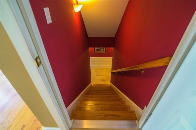 stairs with hardwood / wood-style flooring