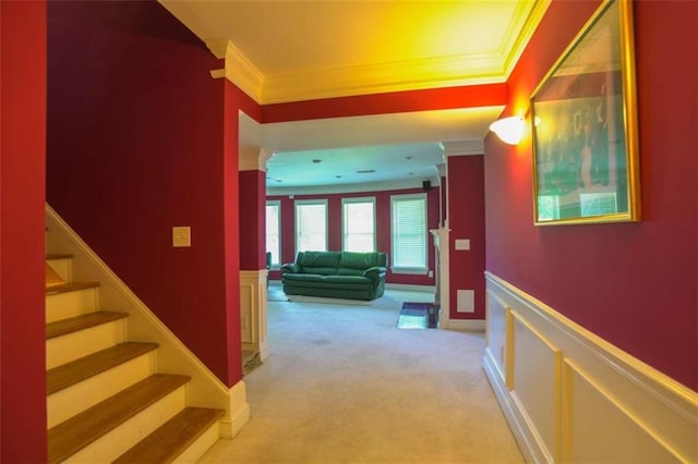 corridor with crown molding and light colored carpet