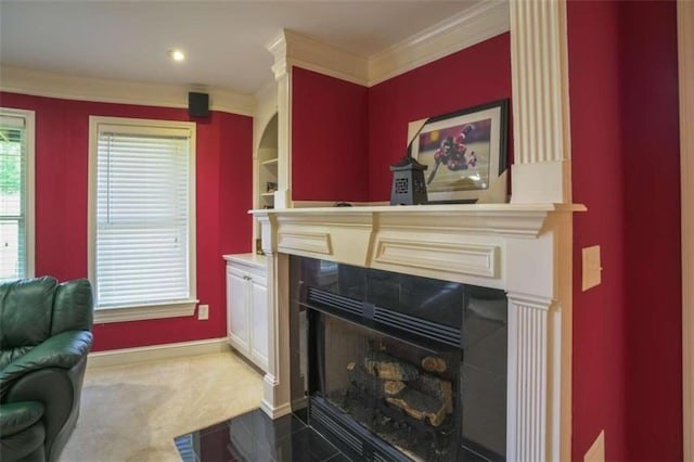 interior space with carpet and crown molding