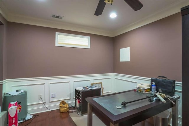 home office with ceiling fan, hardwood / wood-style flooring, and ornamental molding