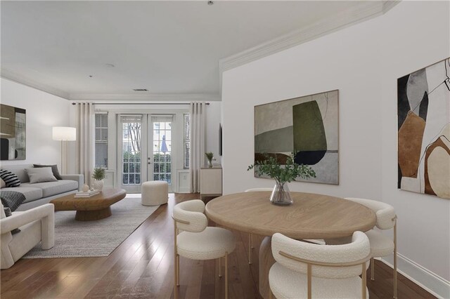 living room with visible vents, dark wood-style floors, crown molding, and french doors