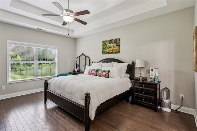 297 Cobblestone Trl, Dallas, GA 30132 - bedroom featuring a tray ceiling, dark wood finished floors, and ceiling fan