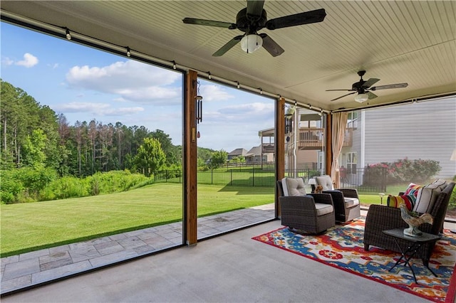 297 Cobblestone Trl, Dallas, GA 30132 - sunroom / solarium featuring a ceiling fan and outdoor lounge area