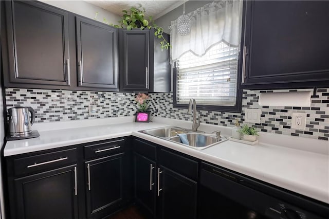 kitchen with tasteful backsplash, black dishwasher, and sink