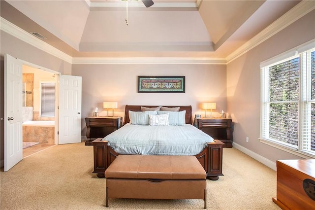 bedroom with ornamental molding, visible vents, and light carpet