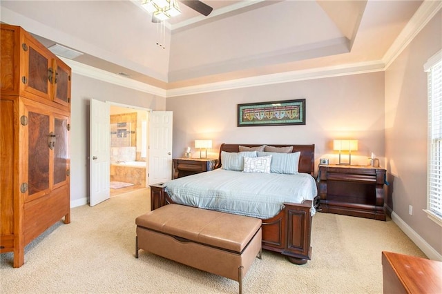 bedroom featuring light carpet, baseboards, visible vents, connected bathroom, and crown molding