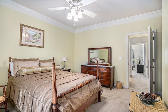 bedroom with light carpet, baseboards, ornamental molding, and ceiling fan