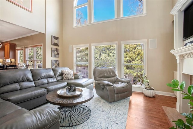 living room featuring baseboards, wood finished floors, a towering ceiling, and crown molding