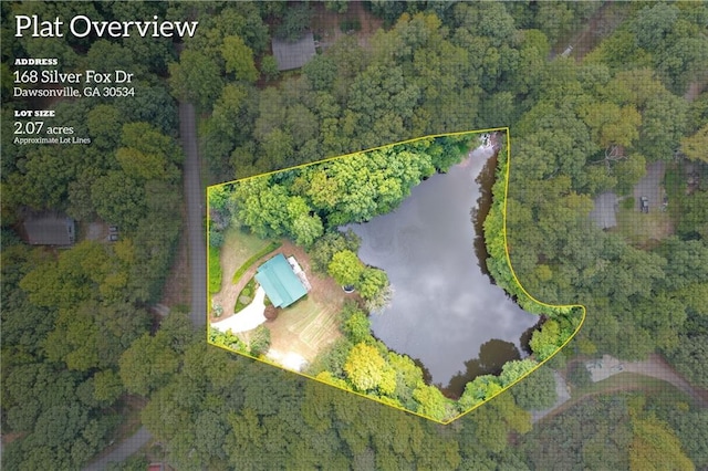168 Silver Fox Dr, Dawsonville, GA 30534 - view of property location with property parcel outlined, a nearby body of water, and a heavily wooded area