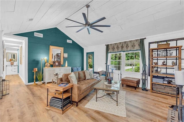 168 Silver Fox Dr, Dawsonville, GA 30534 - living area with a ceiling fan, vaulted ceiling, light wood-type flooring, wooden walls, and wood ceiling