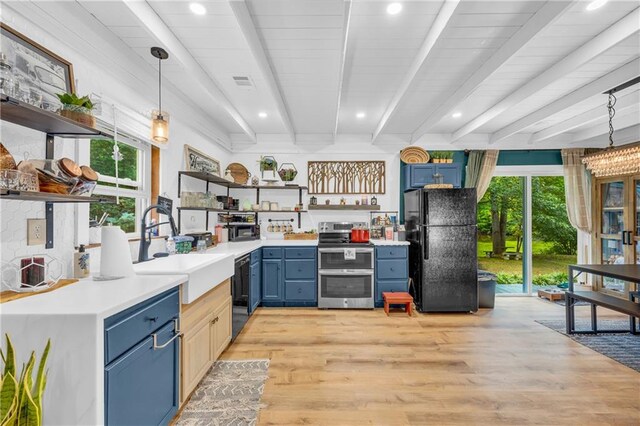 168 Silver Fox Dr, Dawsonville, GA 30534 - kitchen featuring open shelves, black appliances, blue cabinetry, a sink, and beamed ceiling