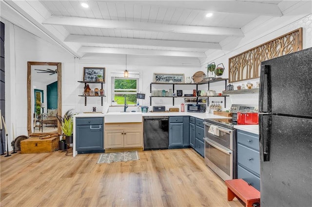 168 Silver Fox Dr, Dawsonville, GA 30534 - kitchen featuring black appliances, open shelves, a sink, light wood-style flooring, and wooden ceiling with exposed beams