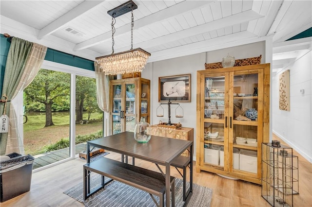 168 Silver Fox Dr, Dawsonville, GA 30534 - dining room featuring light wood finished floors, a chandelier, and wooden ceiling with exposed beams