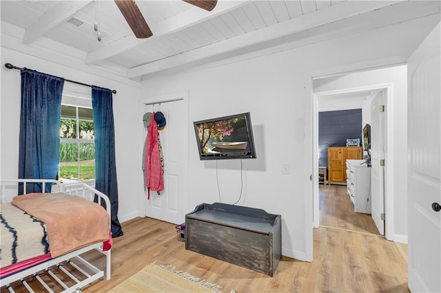 168 Silver Fox Dr, Dawsonville, GA 30534 - bedroom featuring light wood-type flooring, baseboards, ceiling fan, and wooden ceiling with exposed beams