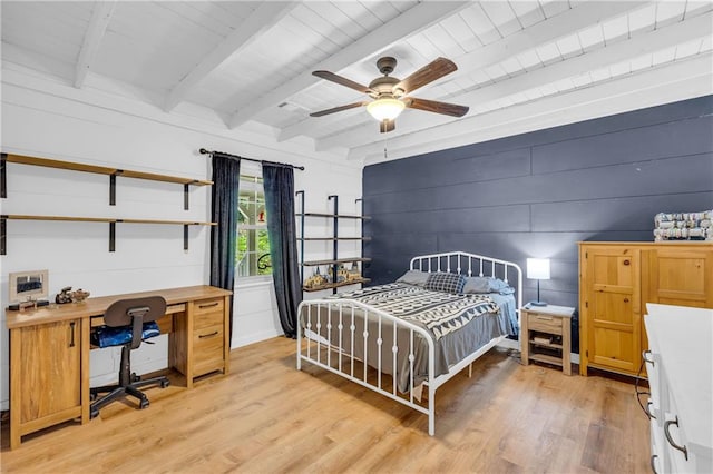 168 Silver Fox Dr, Dawsonville, GA 30534 - bedroom with light wood-style floors, an office area, a ceiling fan, wooden walls, and wood ceiling with exposed beams