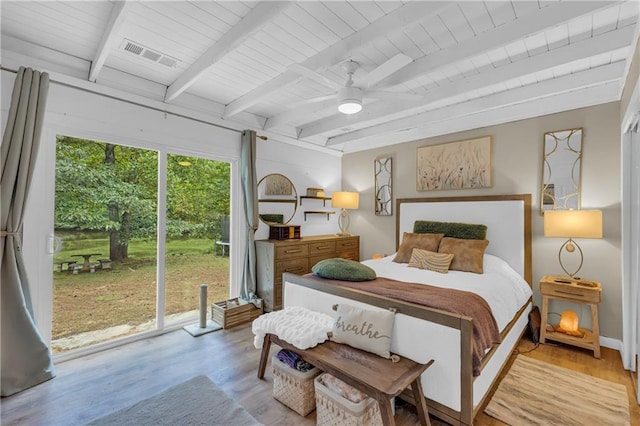 168 Silver Fox Dr, Dawsonville, GA 30534 - bedroom with access to outside, wood finished floors, wooden ceiling with exposed beams, and a ceiling fan