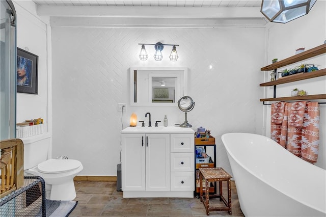 168 Silver Fox Dr, Dawsonville, GA 30534 - full bath featuring vanity, a soaking tub, beamed ceiling, toilet, and baseboards
