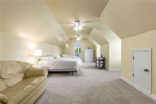895 Ovalene Ln SW, Marietta, GA 30064 - bedroom with lofted ceiling, a ceiling fan, baseboards, visible vents, and light colored carpet