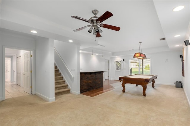 895 Ovalene Ln SW, Marietta, GA 30064 - rec room with pool table, visible vents, recessed lighting, light carpet, and a ceiling fan