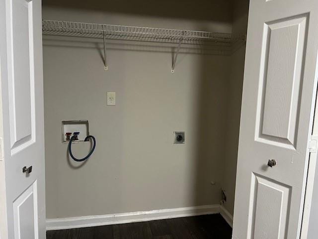 clothes washing area with hookup for a washing machine, dark hardwood / wood-style floors, and electric dryer hookup