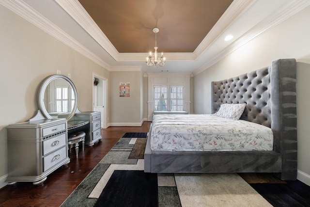 bedroom with multiple windows, crown molding, and dark wood-type flooring