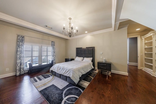 bedroom with dark hardwood / wood-style flooring, crown molding, and a notable chandelier