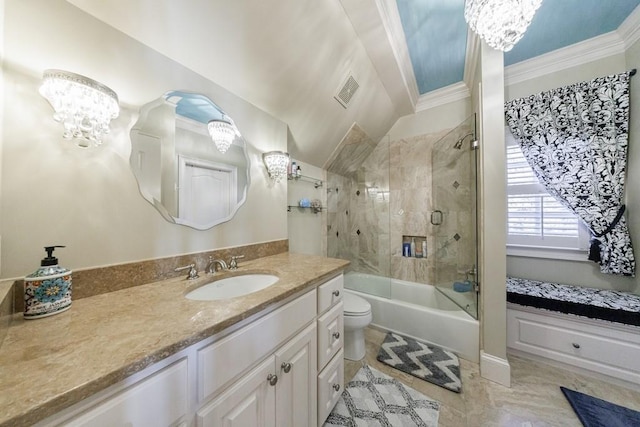 full bathroom featuring a chandelier, vanity, toilet, and enclosed tub / shower combo