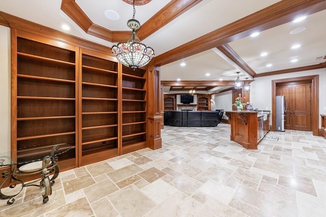 interior space featuring beam ceiling, crown molding, and an inviting chandelier