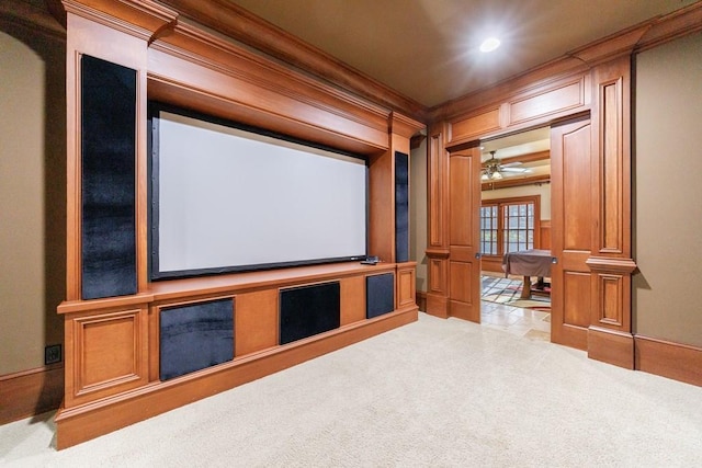 carpeted cinema with ceiling fan, ornamental molding, billiards, and ornate columns