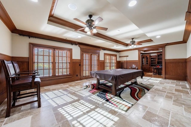 recreation room with french doors, a raised ceiling, crown molding, billiards, and ceiling fan