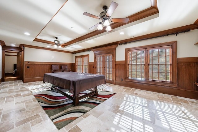 game room with ceiling fan, french doors, a raised ceiling, billiards, and ornamental molding