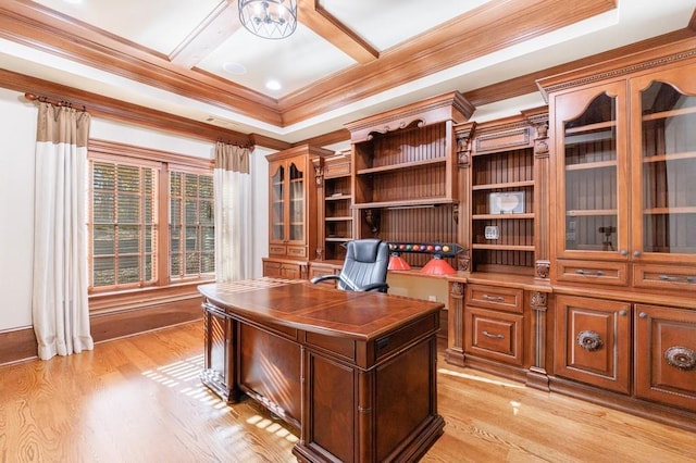 unfurnished office featuring crown molding, light hardwood / wood-style floors, and coffered ceiling