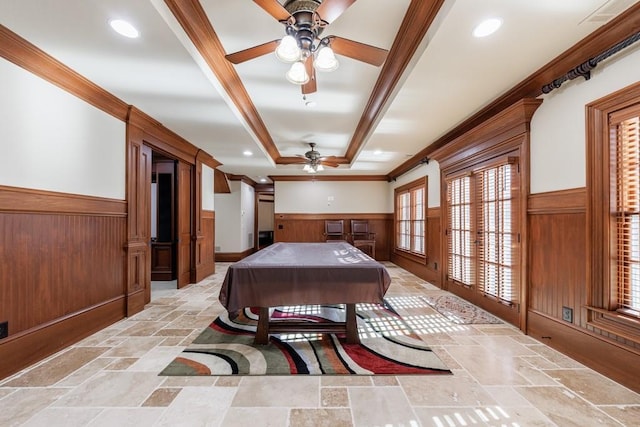 game room featuring ceiling fan, crown molding, and pool table