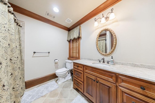 bathroom with tile patterned flooring, vanity, toilet, and crown molding