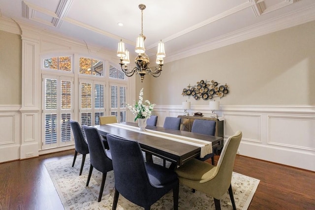 dining room featuring ornamental molding, an inviting chandelier, dark wood-type flooring, and coffered ceiling