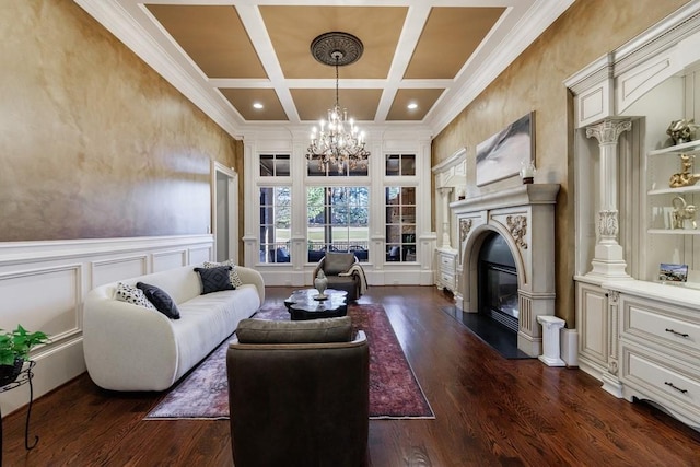 interior space featuring beam ceiling, coffered ceiling, a premium fireplace, dark hardwood / wood-style flooring, and crown molding