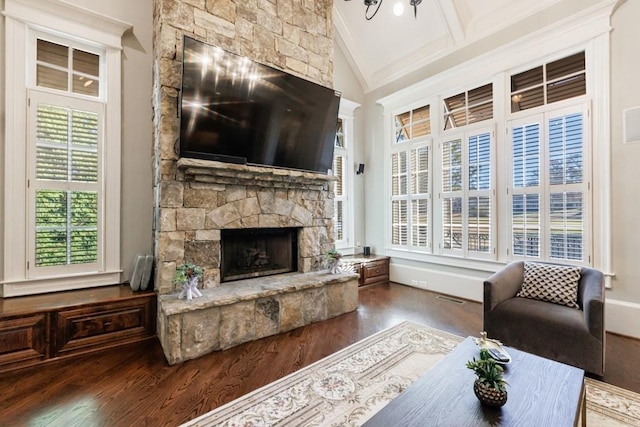 living room with a fireplace, dark hardwood / wood-style floors, and vaulted ceiling