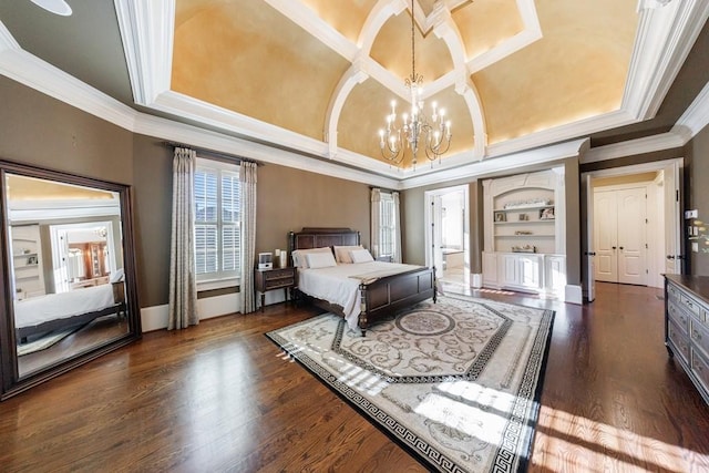 bedroom featuring an inviting chandelier, dark wood-type flooring, and ornamental molding