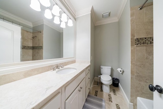 full bathroom featuring vanity, toilet, ornamental molding, and tiled shower / bath combo