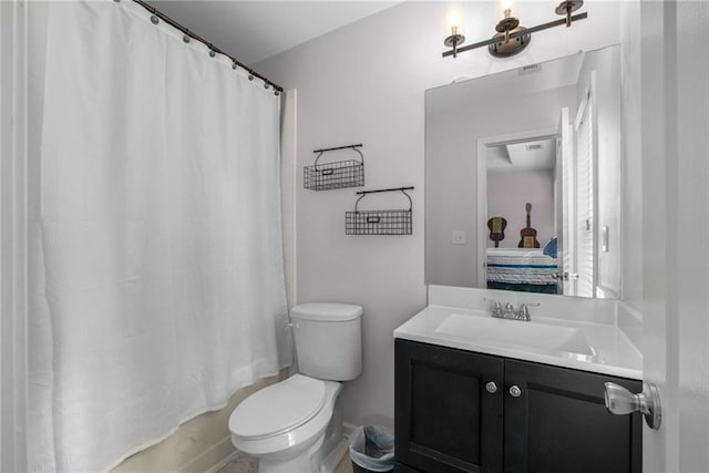 full bathroom featuring vanity, toilet, and shower / bathtub combination with curtain